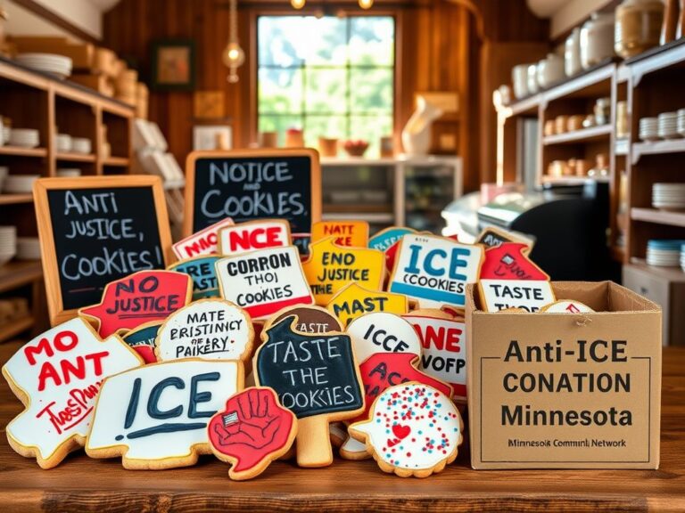 Flick International A colorful display of cookies shaped like protest signs at Devil's Teeth Bakery, symbolizing activism against ICE.