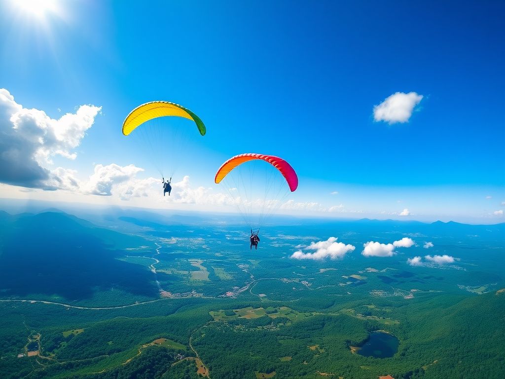 Flick International A vibrant skydiving scene showcasing colorful parachutes over a breathtaking landscape