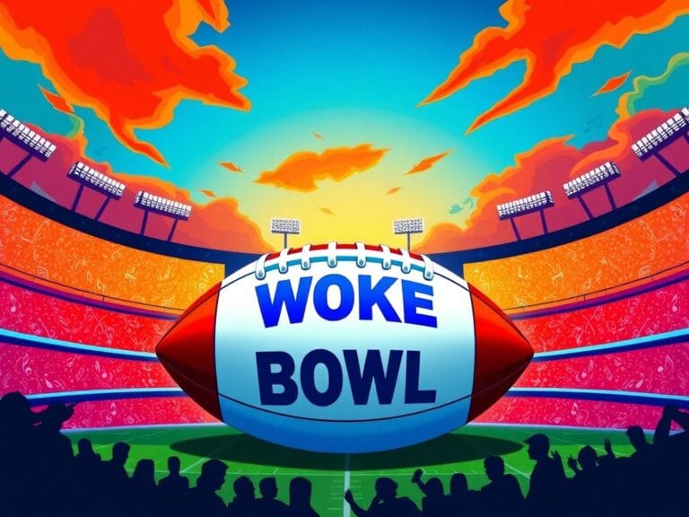 Flick International Abstract representation of a football stadium with vibrant colors and an inflatable 'Woke Bowl' football