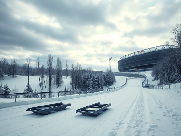 Flick International Empty skeleton racing track surrounded by snow-covered hills and trees