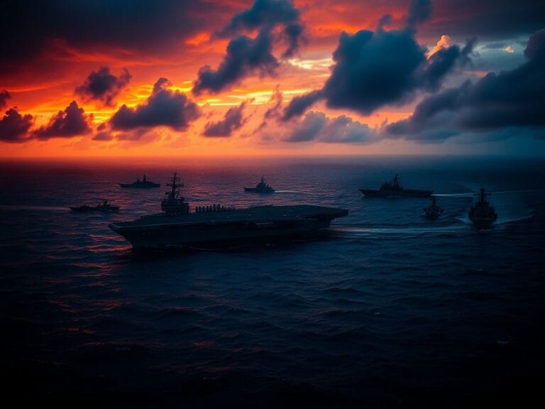 Flick International Dramatic seascape featuring USS Abraham Lincoln silhouetted against a fiery dusk sky