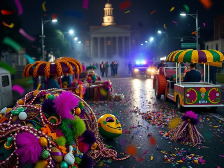 Flick International Aerial view of colorful floats and decorations at a Mardi Gras parade in Clinton, Louisiana, showcasing abandoned items and a somber atmosphere.
