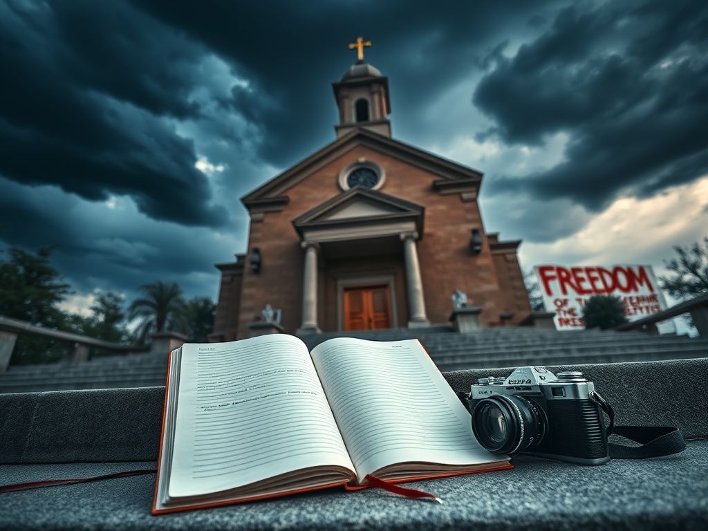 Flick International Dark stormy sky over a traditional church building symbolizing free speech tensions