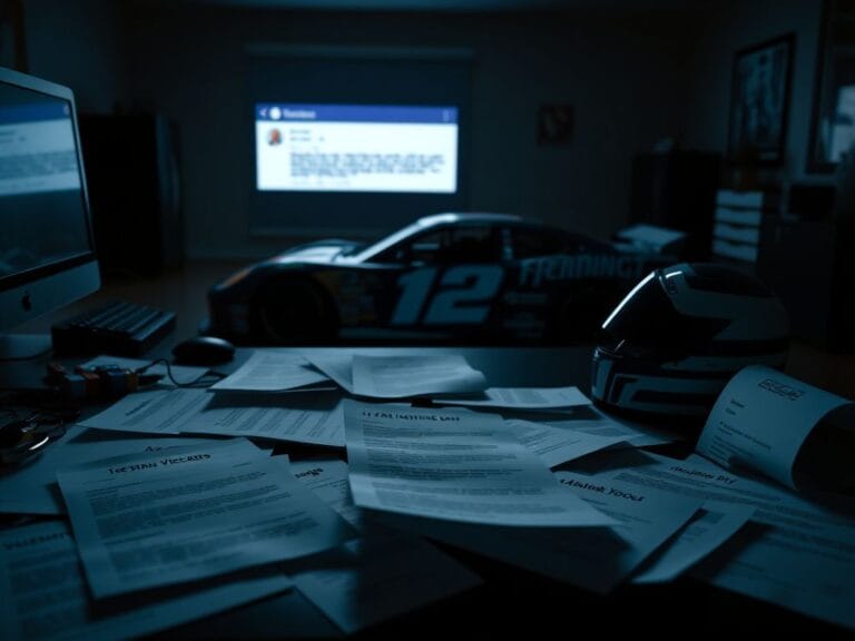 Flick International Dimly lit office with documents and a NASCAR race car symbolizing Brian Vickers' past