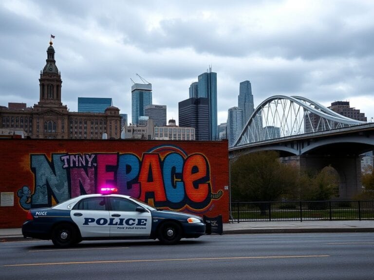 Flick International Urban scene of Minneapolis showing City Hall and Stone Arch Bridge under a cloudy sky