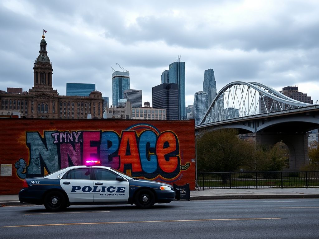 Flick International Urban scene of Minneapolis showing City Hall and Stone Arch Bridge under a cloudy sky