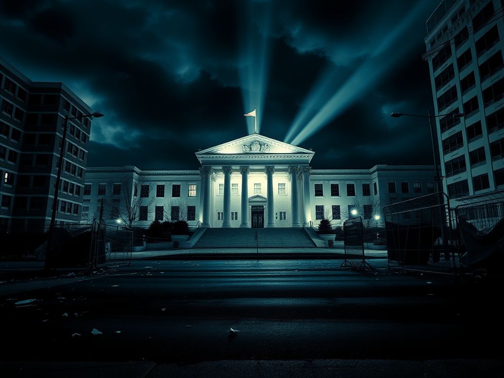 Flick International A federal building illuminated at night against a backdrop of unrest