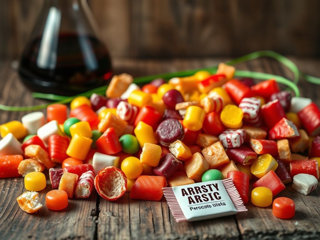 Flick International An assortment of colorful candies scattered on a wooden surface with a laboratory beaker in the background