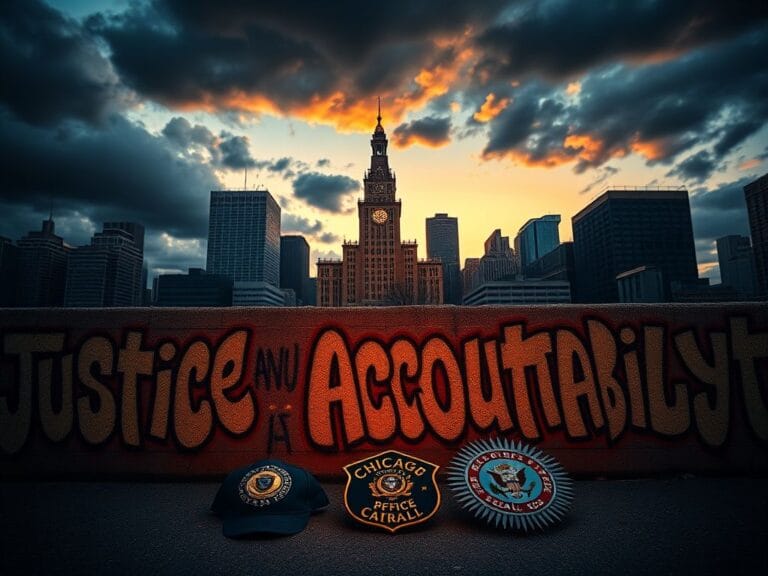 Flick International Dramatic skyline of Chicago at dusk with City Hall illuminated and community graffiti art in the foreground