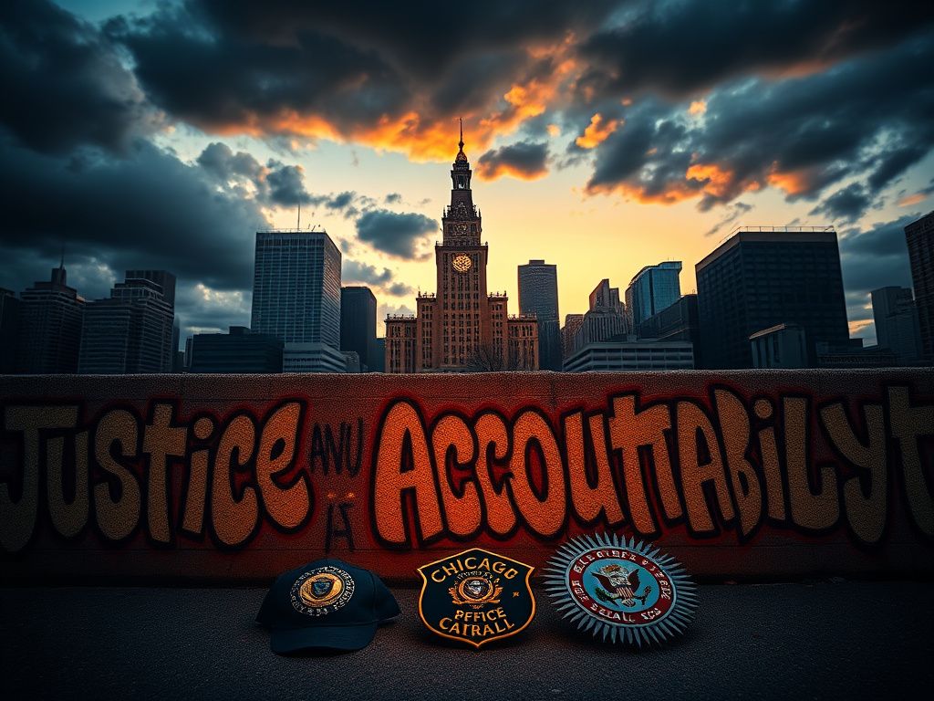 Flick International Dramatic skyline of Chicago at dusk with City Hall illuminated and community graffiti art in the foreground