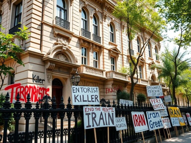 Flick International Close-up view of a 19th-century townhouse with graffiti protest messages