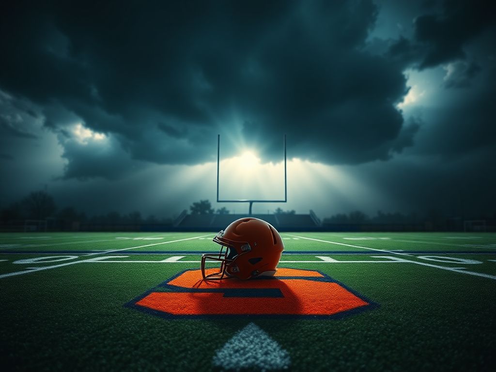 Flick International Empty football helmet on a bench at a dimly lit Syracuse University field symbolizing player absence