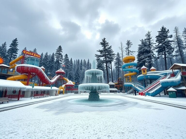 Flick International Winter landscape of a deserted amusement park covered in snow