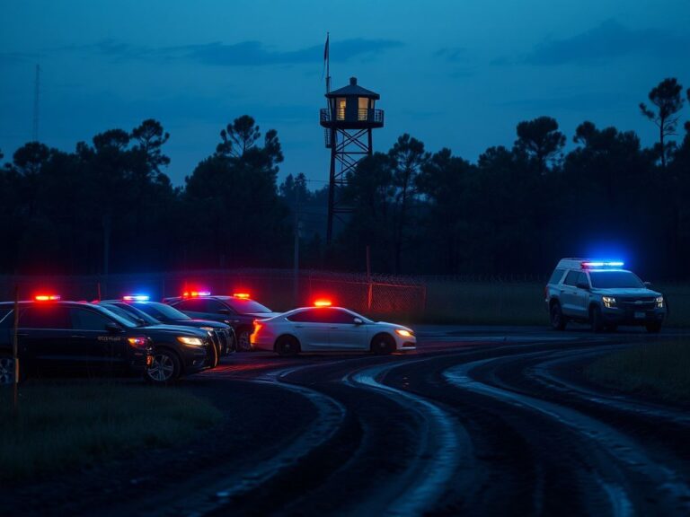 Flick International Scene of a high-security detention center with police vehicles during a manhunt in Louisiana