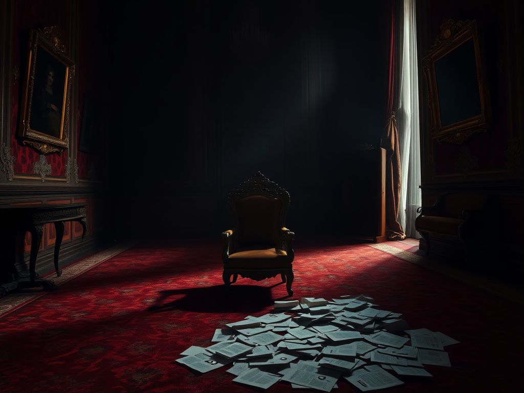 Flick International An ornate, empty chair in a dimly lit royal room that evokes mystery and intrigue.