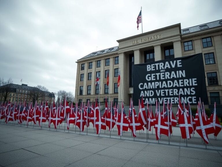 Flick International Exterior of the US Embassy in Copenhagen with flags for fallen Danish soldiers