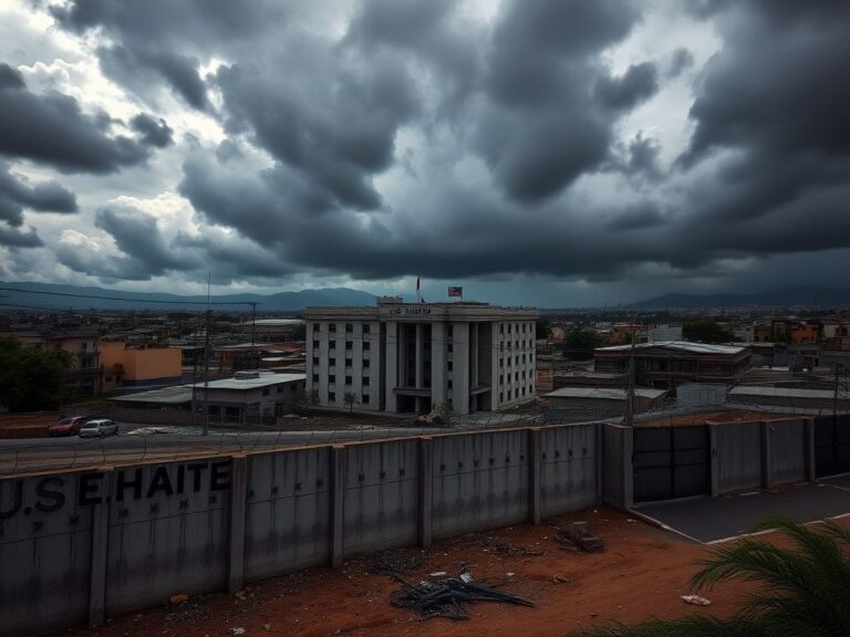 Flick International Dramatic urban landscape of Port-au-Prince with U.S. Embassy showing heavy gunfire atmosphere