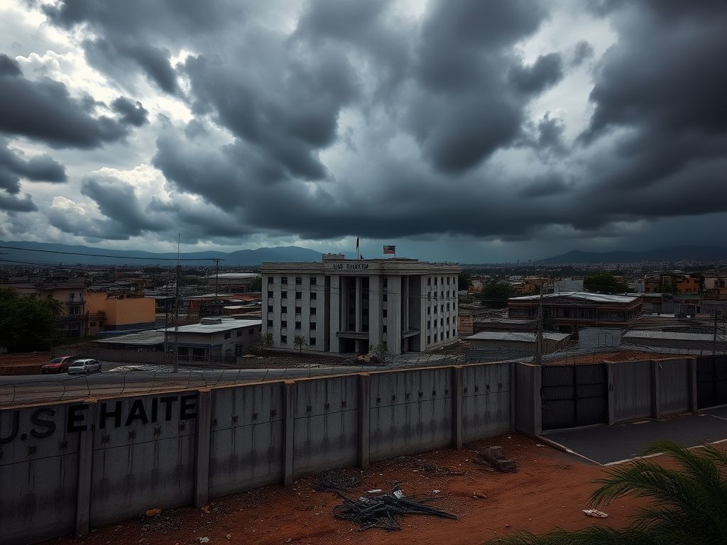 Flick International Dramatic urban landscape of Port-au-Prince with U.S. Embassy showing heavy gunfire atmosphere