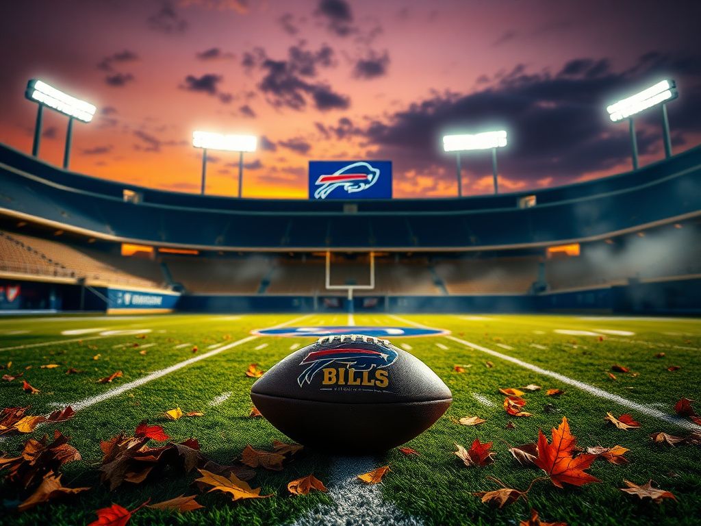 Flick International Dramatic scene of a football stadium at dusk with Buffalo Bills logo