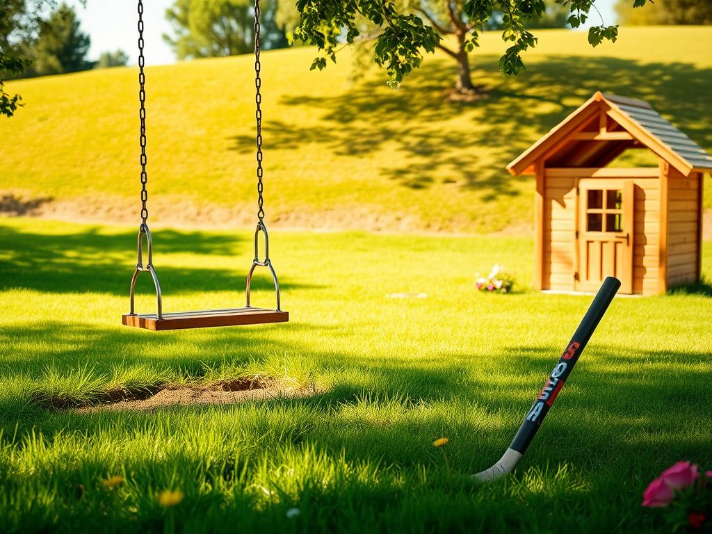 Flick International A sunlit backyard with an empty swing set and a colorful playhouse set amidst vibrant flowers and green grass