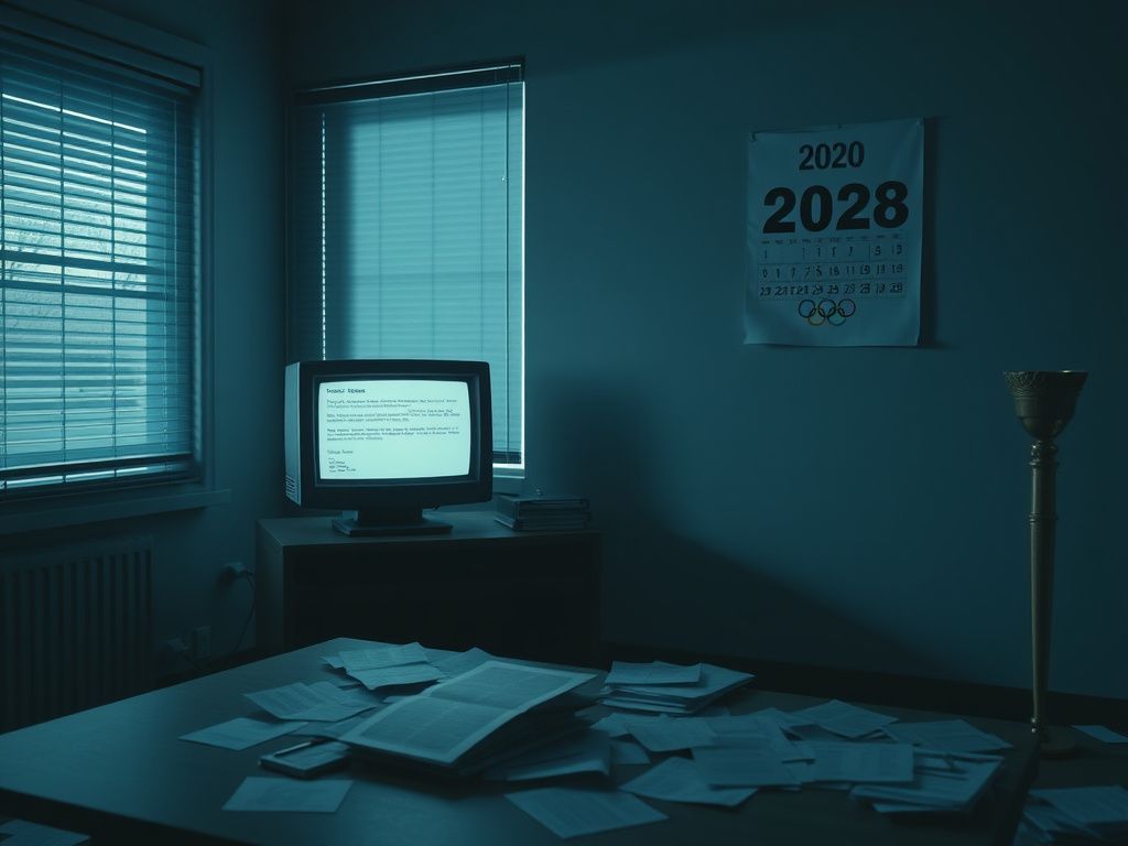 Flick International Empty, dimly lit office space with scattered papers and an unsent email draft on a vintage computer