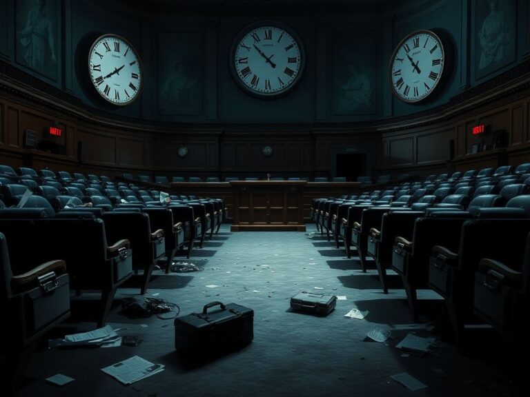 Flick International Dimly lit congressional chamber with empty seats and discarded papers symbolizing political tension