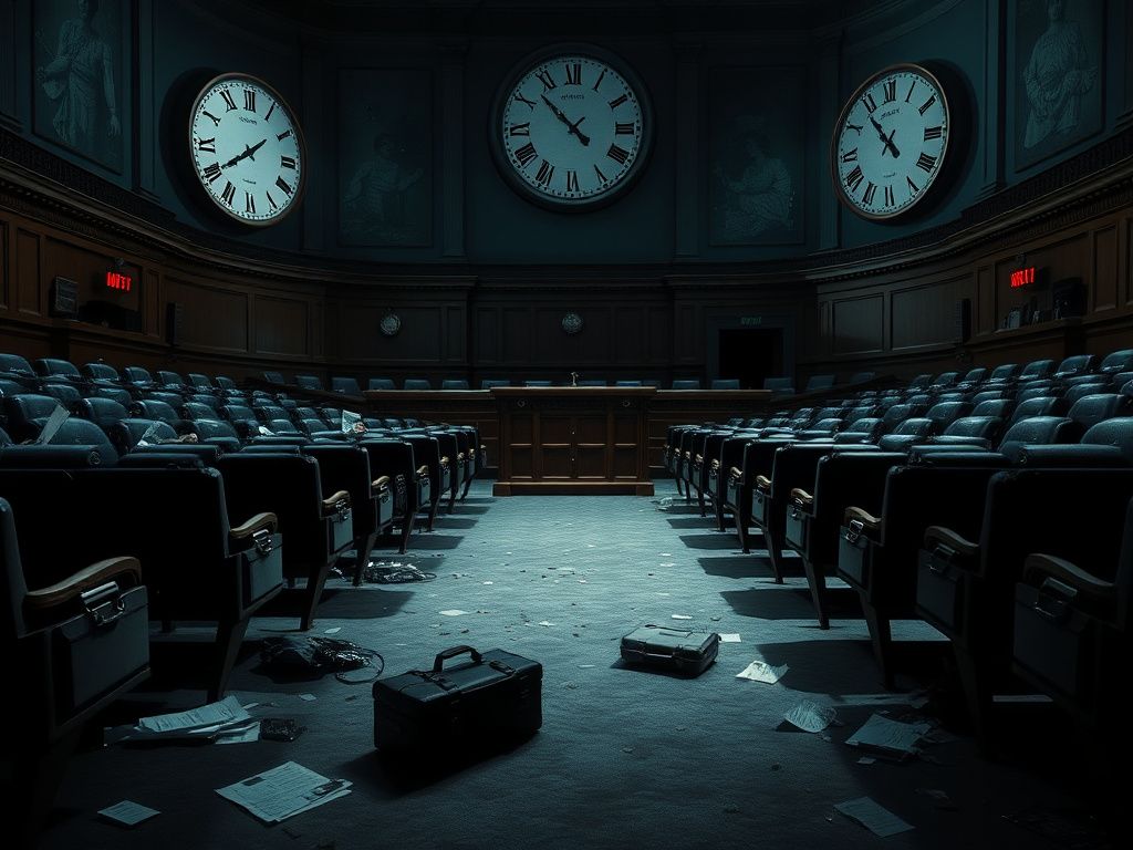 Flick International Dimly lit congressional chamber with empty seats and discarded papers symbolizing political tension