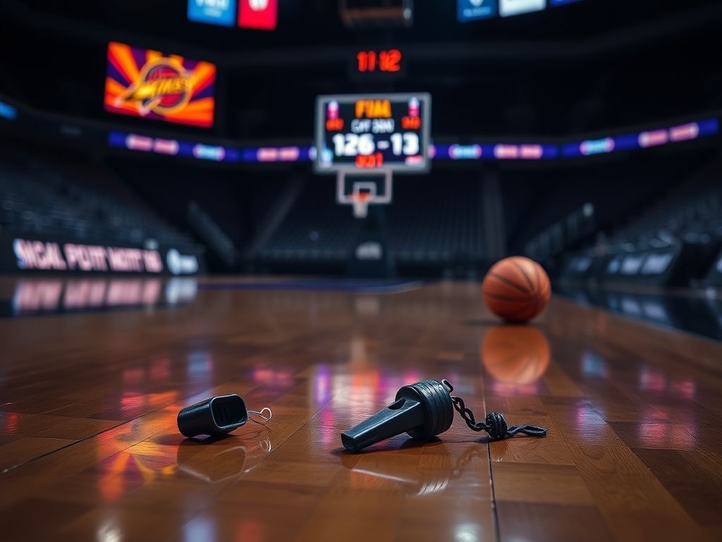Flick International A dimly lit basketball court with a referee's whistle on the ground, symbolizing tension