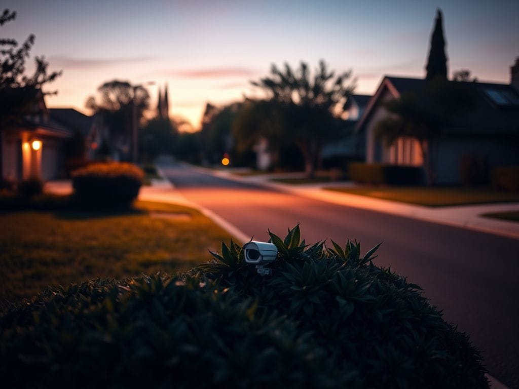 Flick International Camouflaged camera hidden among foliage in a quiet California neighborhood