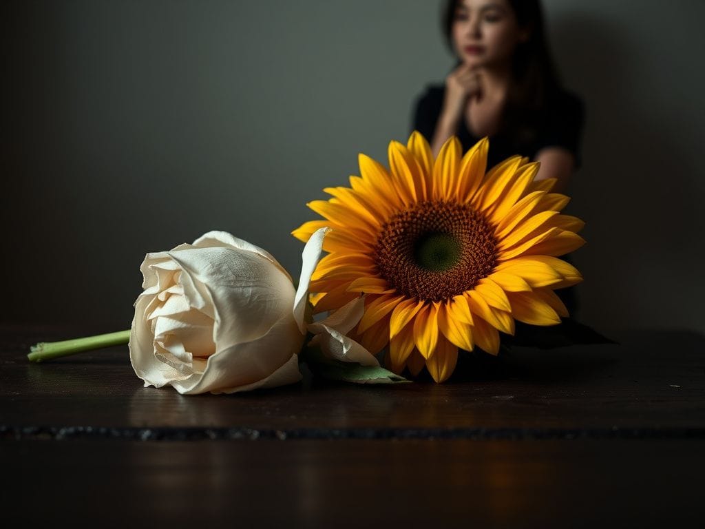 Flick International A still life composition featuring a wilted white rose and a vibrant yellow sunflower symbolizing grief and resilience.