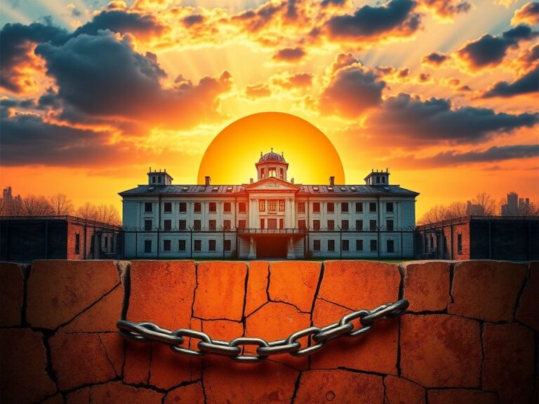 Flick International An aged Rikers Island jail with a vibrant sunrise symbolizing hope