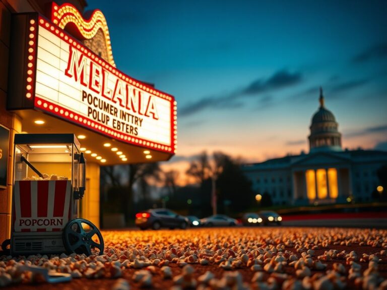 Flick International A bustling movie theater marquee displaying 'Melania' documentary title