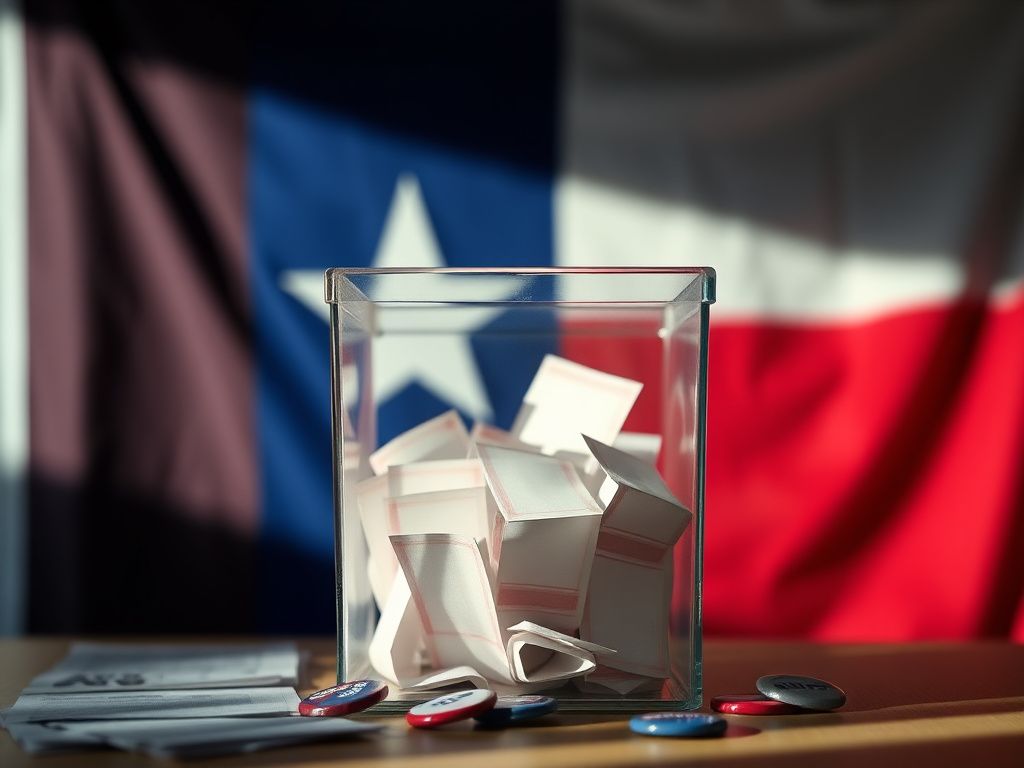 Flick International Close-up view of a transparent glass ballot box filled with colorful ballots against a blurred Texas state flag backdrop