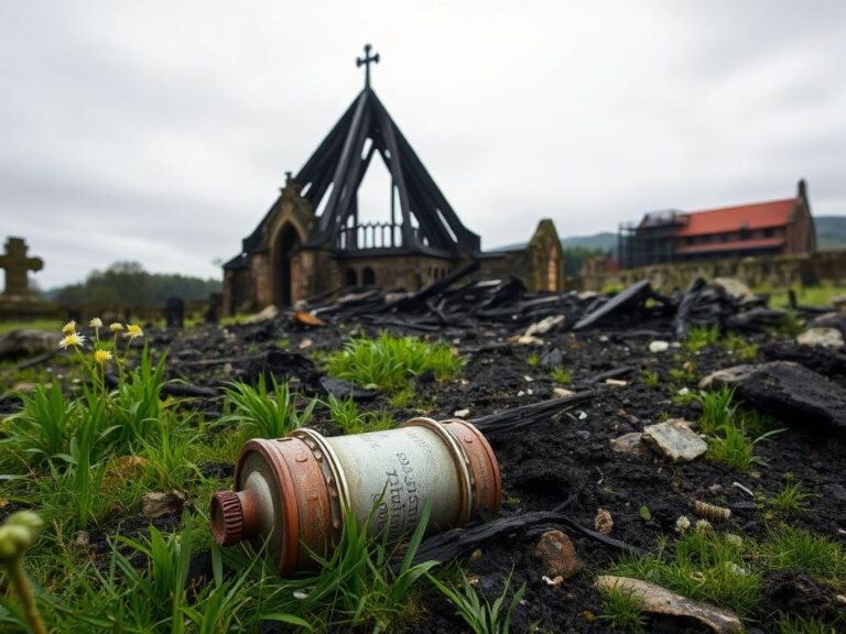 Flick International Charred remains of St Mungo’s Church in Cumbernauld, Scotland, revealing a time capsule amidst the rubble