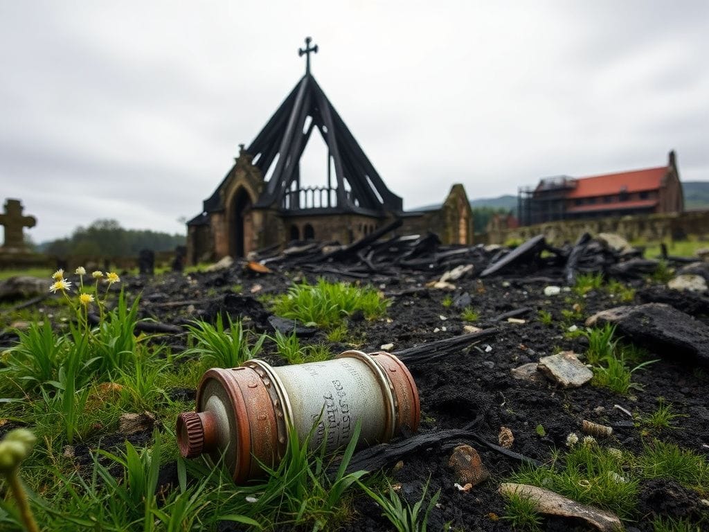 Flick International Charred remains of St Mungo’s Church in Cumbernauld, Scotland, revealing a time capsule amidst the rubble