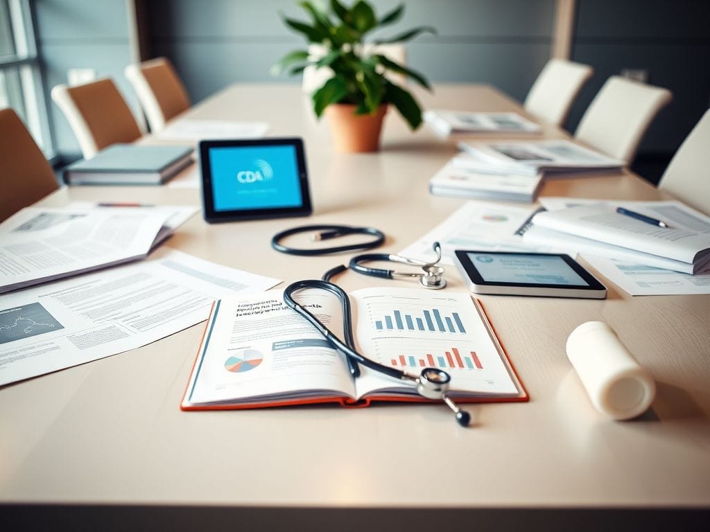 Flick International Modern conference room table with documents on childhood immunization and vaccine safety.