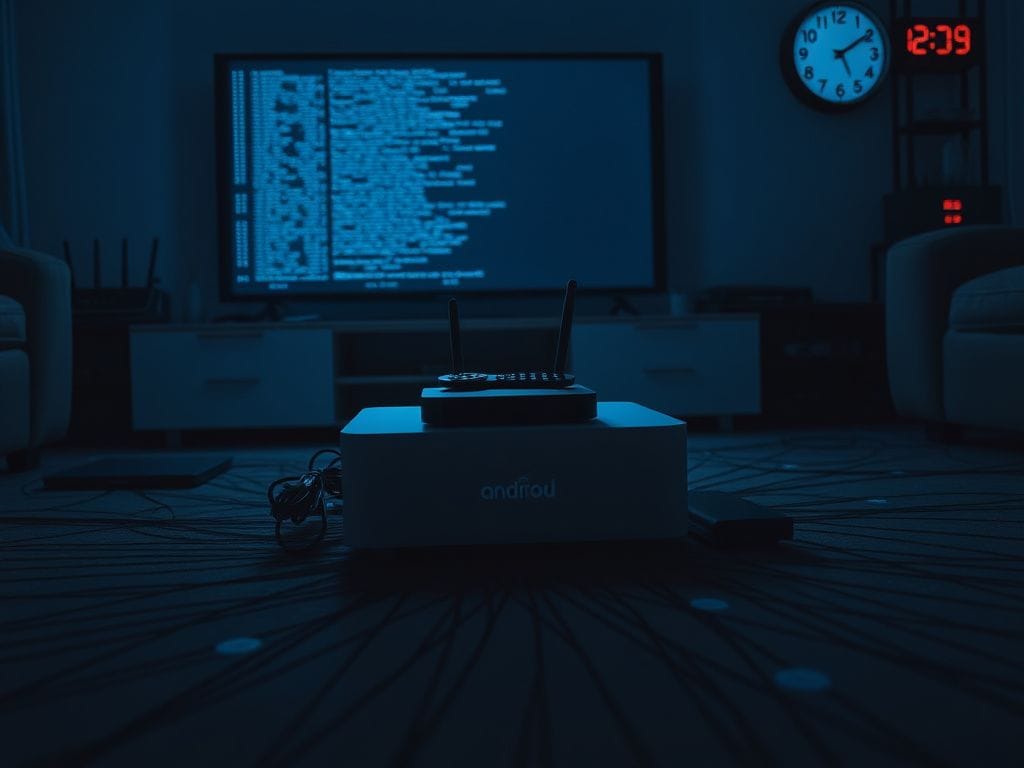 Flick International A sleek Android TV box on a coffee table in a dimly lit living room, surrounded by cables and a remote control, with a flickering TV screen in the background.