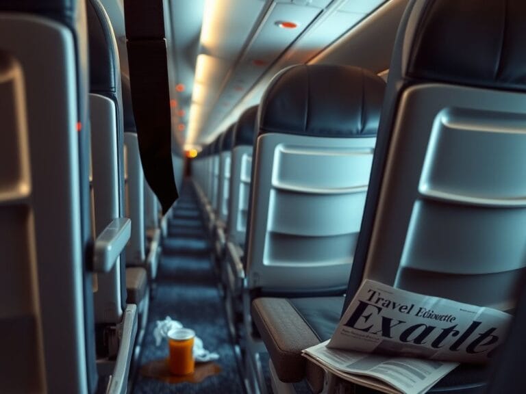 Flick International Close-up view of an airplane cabin with empty seats and overhead bins showing a safety sign in a dimly lit environment.