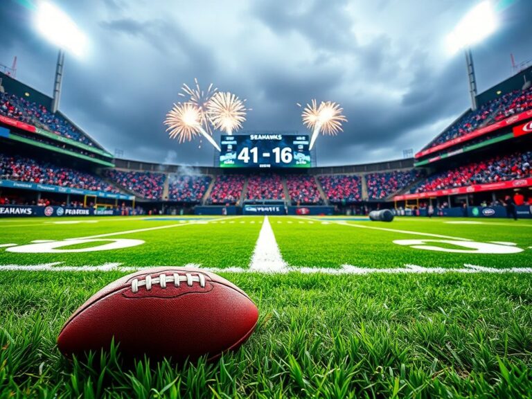 Flick International Football resting on the turf amidst a dramatic playoff scene with Seahawks and 49ers colors