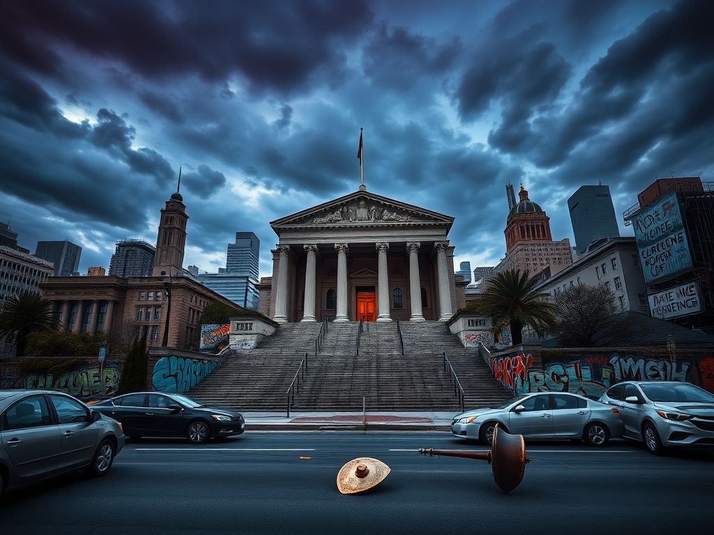 Flick International A dramatic urban landscape of Philadelphia with iconic landmarks and a looming courthouse depicting legal authority