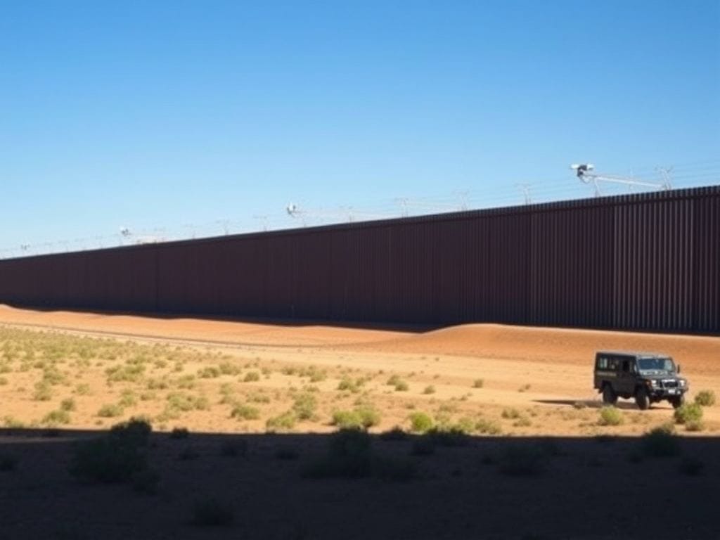 Flick International Fortified border wall with surveillance technology under clear blue sky