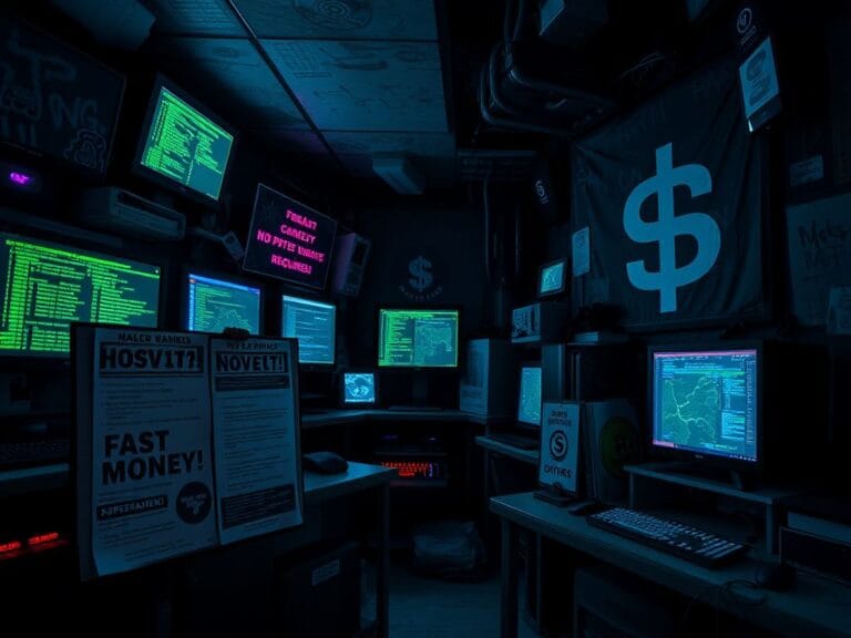 Flick International A dimly lit room with computer screens displaying code and job ads for cybercrime recruitment