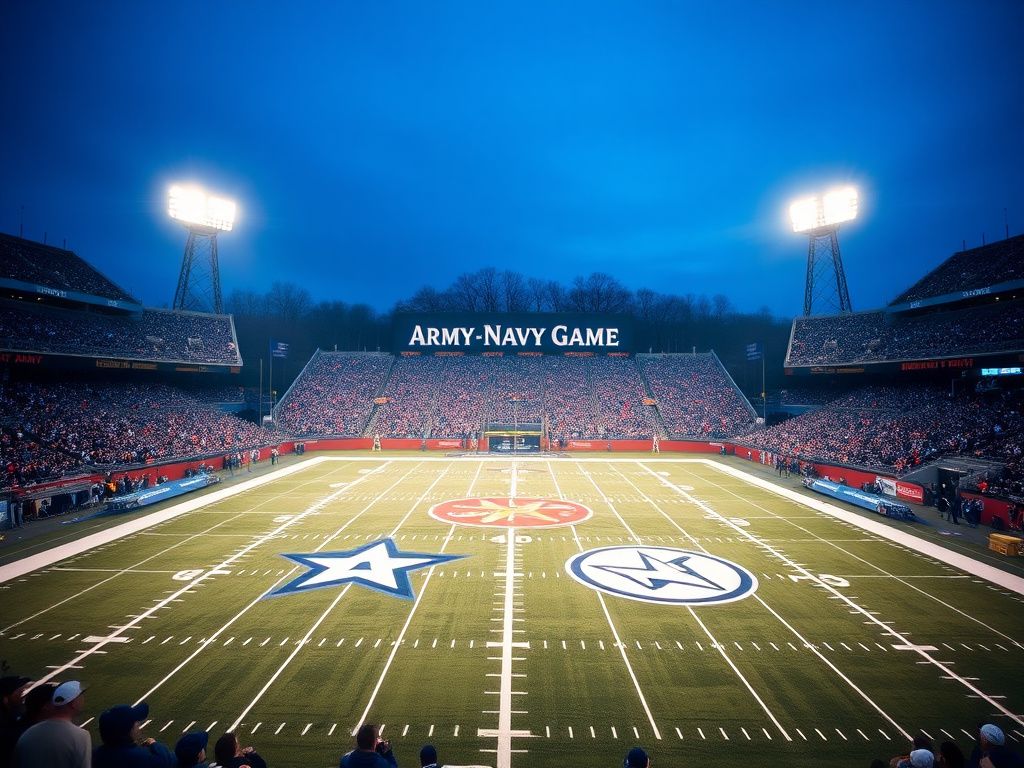 Flick International Dramatic stadium scene featuring Army and Navy logos on the football field