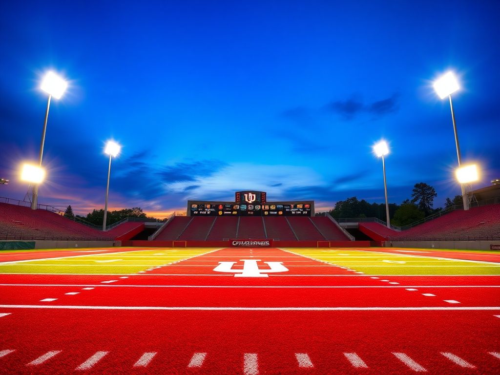 Flick International A vibrant Indiana football field illuminated by stadium lights at twilight