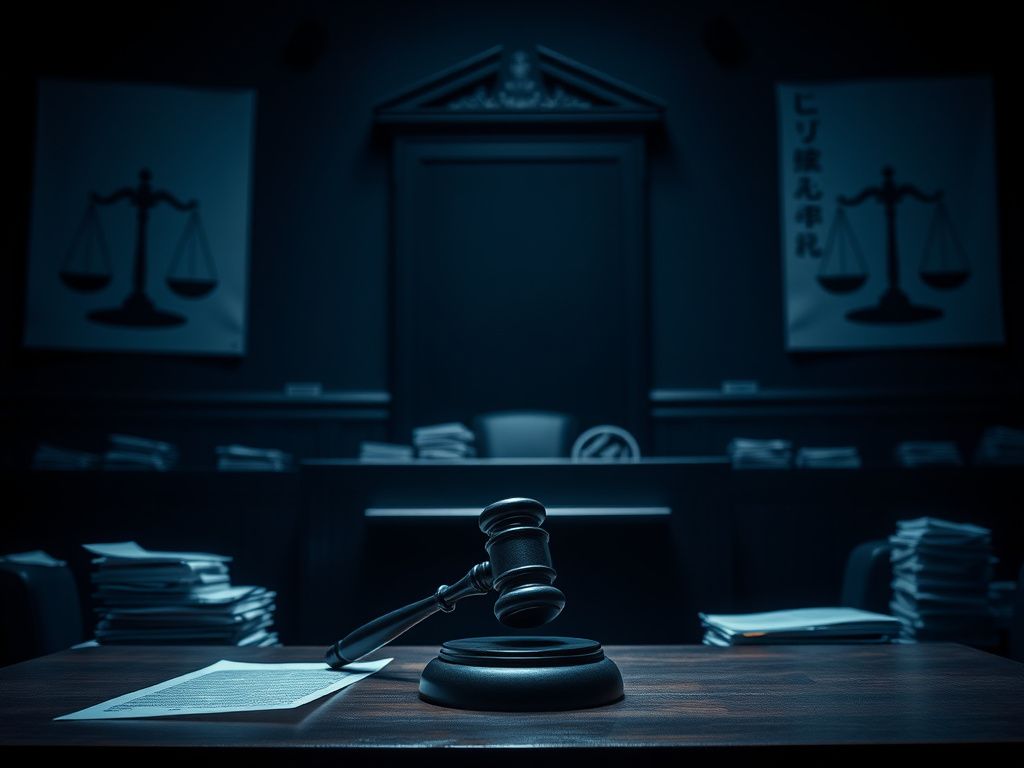 Flick International Dimly lit courtroom with an empty witness stand, representing key testimony absence