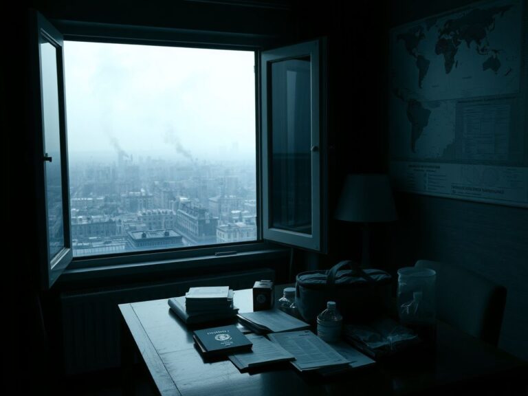 Flick International Dimly lit room with an open window showcasing shadowy urban landscape and smoke, signifying unrest.