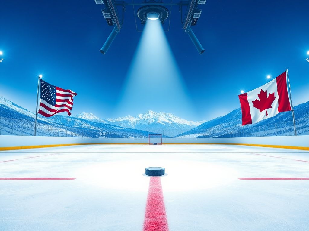 Flick International Dramatic ice hockey rink with U.S. and Canada flags during winter