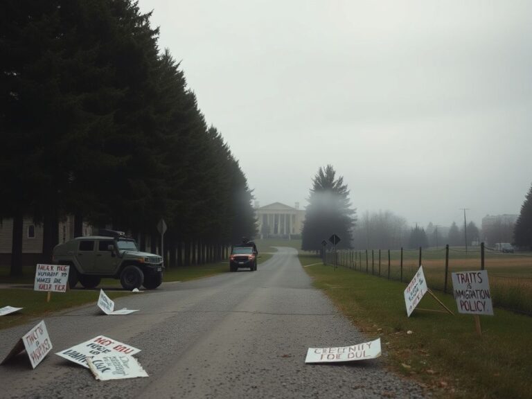 Flick International Military vehicles parked on a quiet Minnesota street amidst anti-ICE protests.