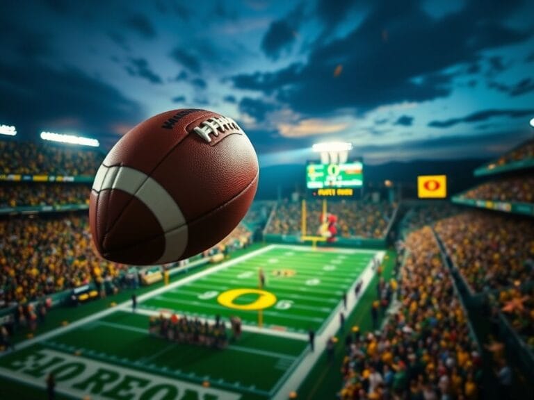Flick International Close-up of a college football spiraling through the air above a vibrant college football stadium filled with cheering fans.