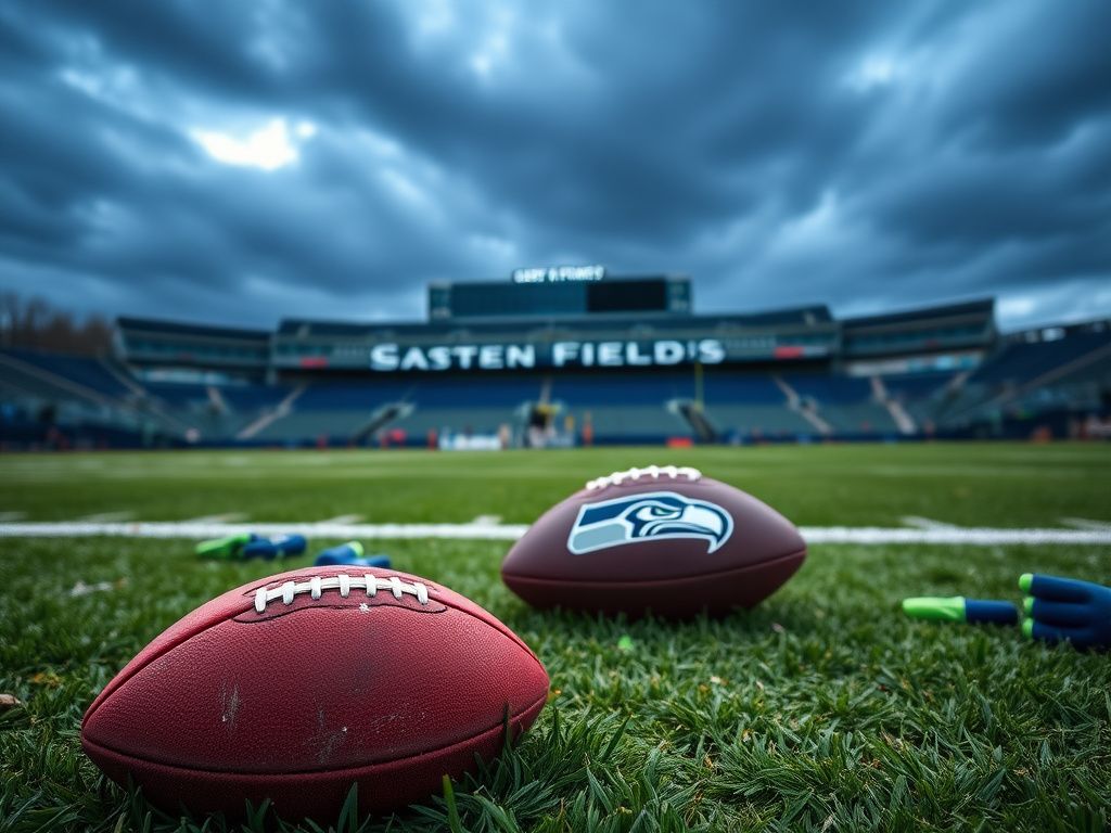 Flick International A Seattle Seahawks football resting on the grass at Lumen Field, symbolizing uncertainty due to quarterback Sam Darnold's injury.